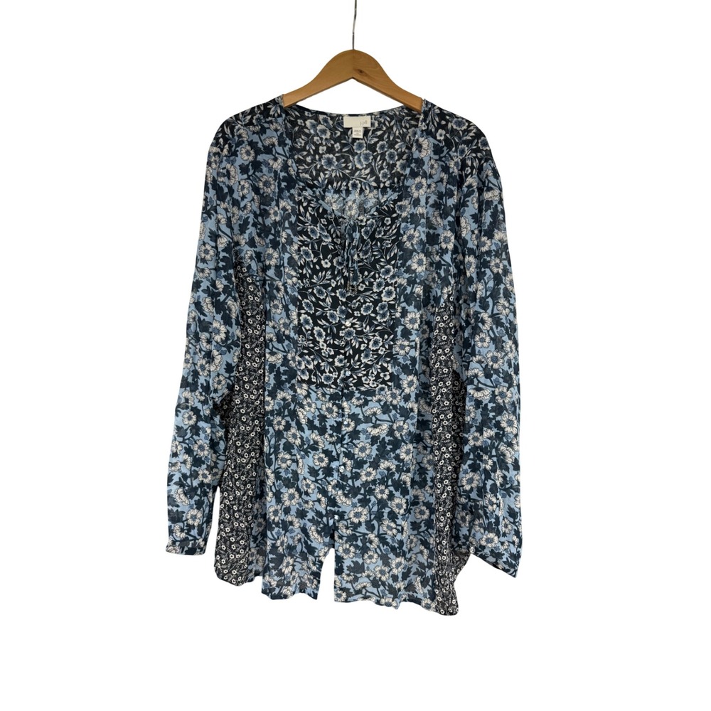 J. Jill Blue Floral Mixed Print Tunic Blouse Peasant Long Sleeve 4X Women's